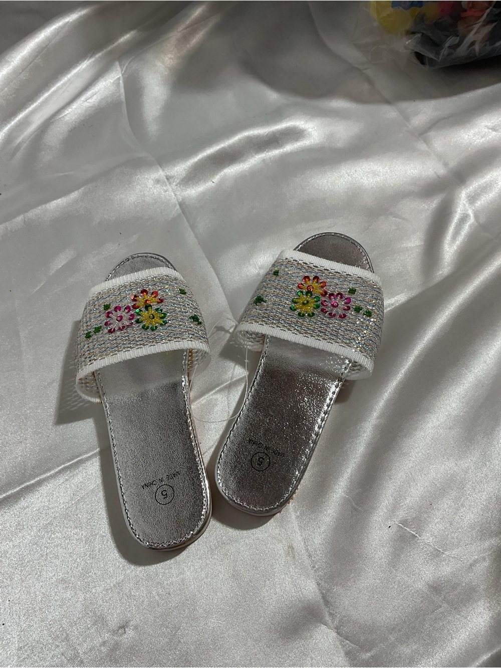 White Beaded Floral Slide Sandals - Women's